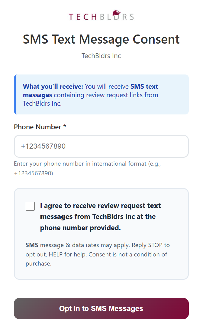 Opt-in form showing disclosure checkbox and contact fields